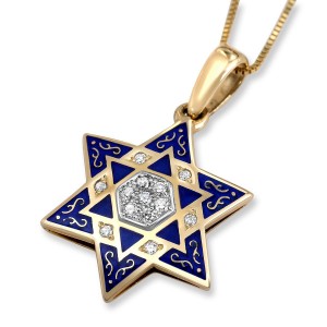 Anbinder Blue Enamel and 14K Gold Star of David Pendant with Diamonds
