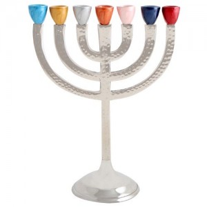 Multicolored Seven-Branched Aluminum Menorah With Hammered Finish Menorahs à Sept Branches
