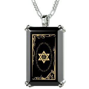 Sterling Silver and Onyx Tablet Necklace for Men with Micro-Inscribed Shema Prayer and Star of David Colliers & Pendentifs