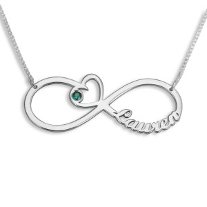 Sterling Silver Hebrew/English Infinity Necklace With Birthstone and Heart Colliers & Pendentifs