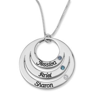 Sterling Silver Open Disk Name Necklace With Birthstones for Mom (Hebrew/English) Colliers & Pendentifs