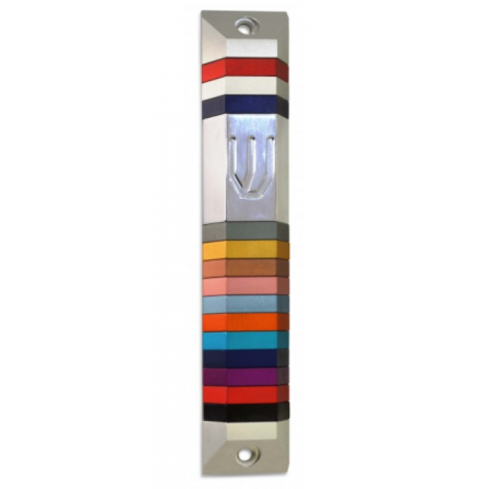 Mezuzah Rainbow and Silver Stripes in Anodized Aluminum by Nadav Art
