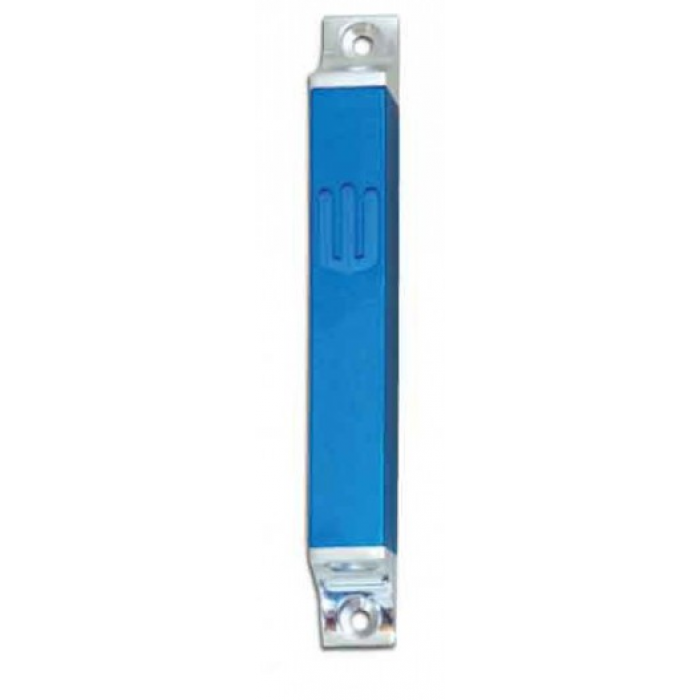 Mezuzah with Shin in Anodized Aluminum and Rectangles by Nadav Art Blue