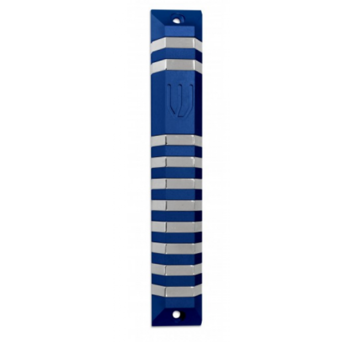 Mezuzah Trapeze with Silver Stripes in Blue Anodized Aluminum by Nadav Art