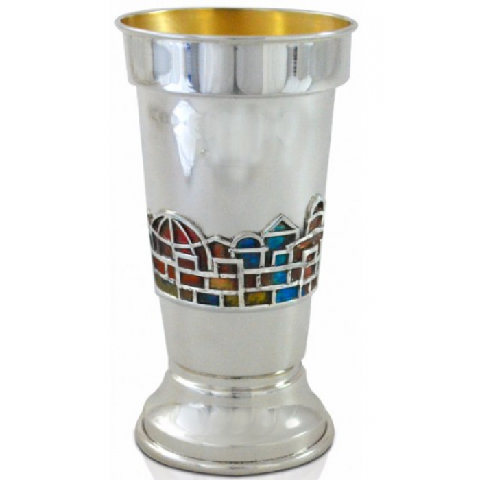 Kiddush Cup in Rectangular Sterling Silver & Jerusalem in Enamel by Nadav Art