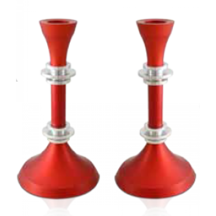 Colorful Shabbat Candlesticks with 2 Silver Rings in Red
 