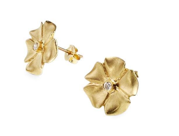 Rafael Jewelry Designer 14k Yellow Gold & Diamond Flower Earrings