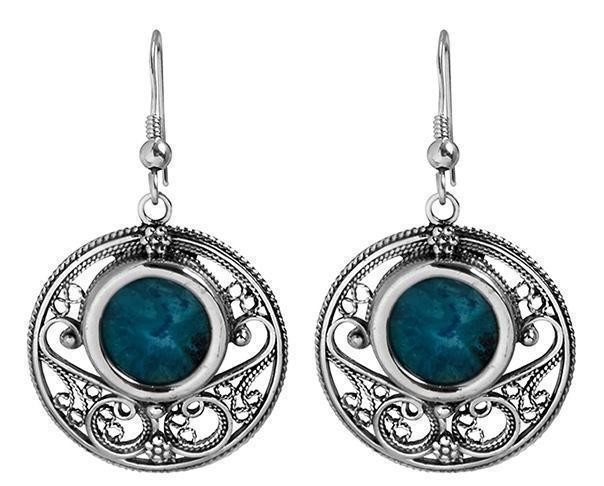 Round Sterling Silver Earrings with Eilat Stone and Swirling Carvings-Rafael Jewelry