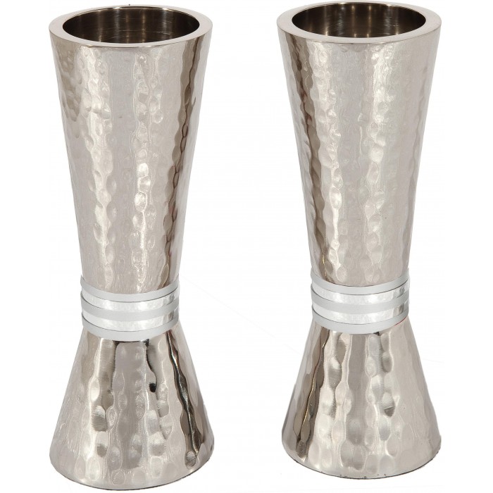 Hammered Nickel Shabbat Candlesticks in Cone Shape with White Ring by Yair Emanuel