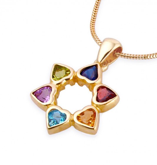 Star of David Pendant in 14k Yellow Gold with Heart Shaped Gems by Estee Brook