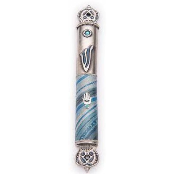 Pewter Mezuzah in Silver and Blue with Hamsa