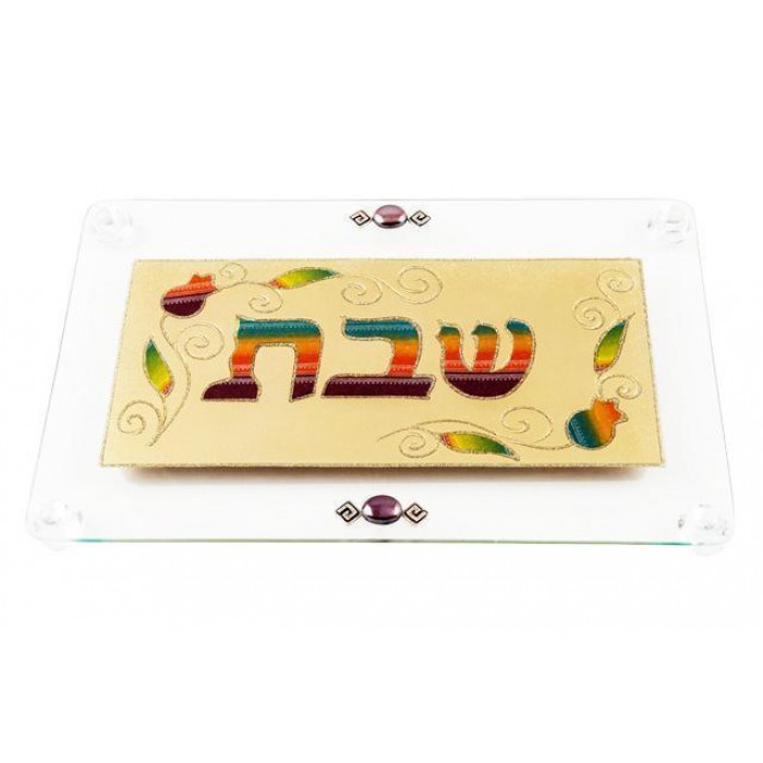 Glass Challah Board with Shabbat & Pomegranate in Rainbow Design