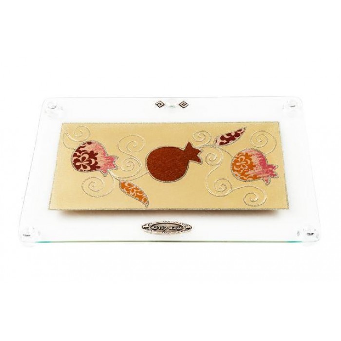 Glass Challah Board with Pomegranates in Silver and Red