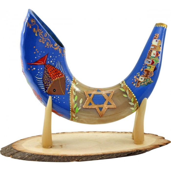 Hand-Painted Ram Shofar with Star of David, Menorah and Jerusalem