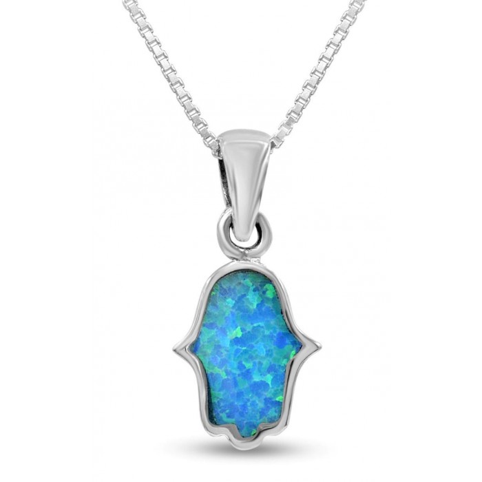 Hamsa Necklace in Sterling Silver and Opal