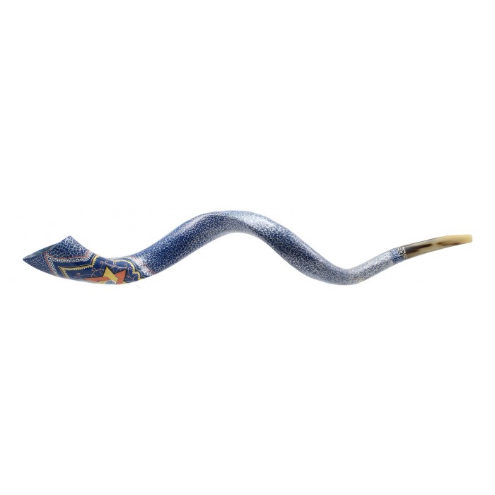 Hand-Painted Kudu Shofar with Star of David in Blue