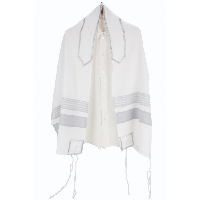 Tallit in White Polyester with Gray Striped Design