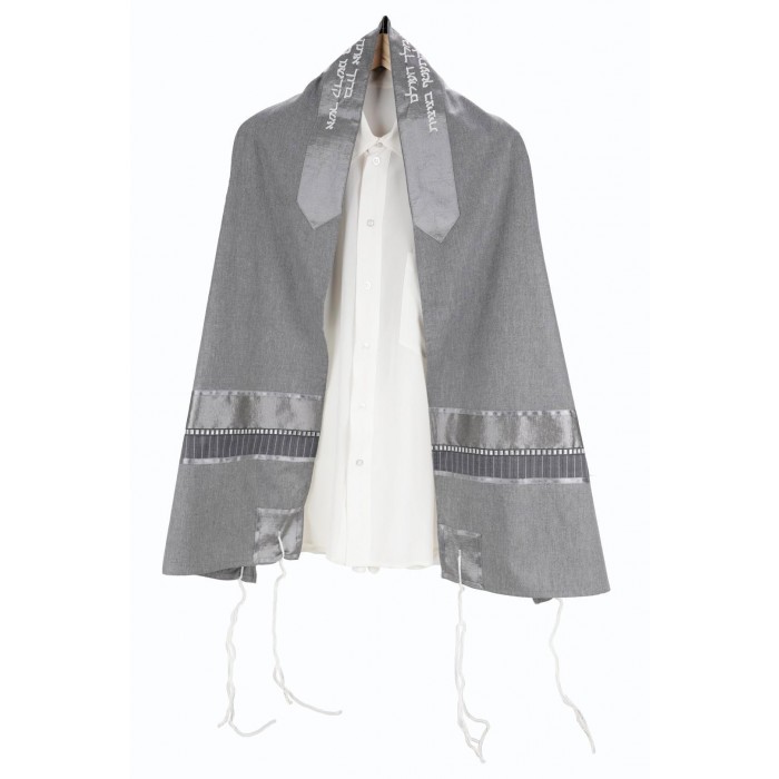 Tallit Set in Gray Viscose with Silver Stripes