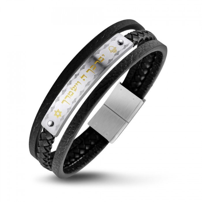 Men’s Bracelet in Leather with Priestly Blessing Verse in Stainless Steel and Gold Coating
