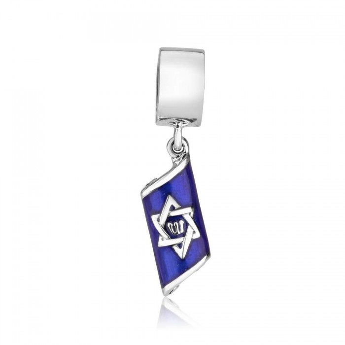 925 Sterling Silver Mezuzah with Star of David Charm and Blue Enamel
