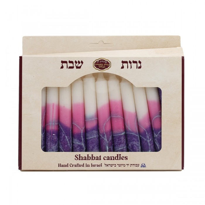Galilee Style Candles Shabbat Candle Set with Purple and White Stripes