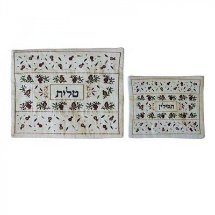 Yair Emanuel Embroidered Tallit and Tefillin Bag Set with Pomegranates in White