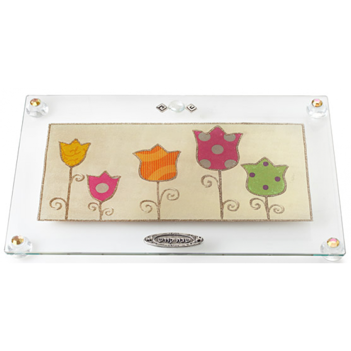 Glass Challah Board with Fun Flower Illustration 