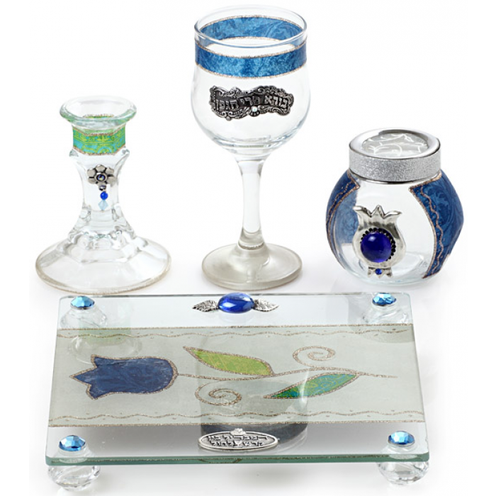 Glass Havdalah Set with Blue Flower Design