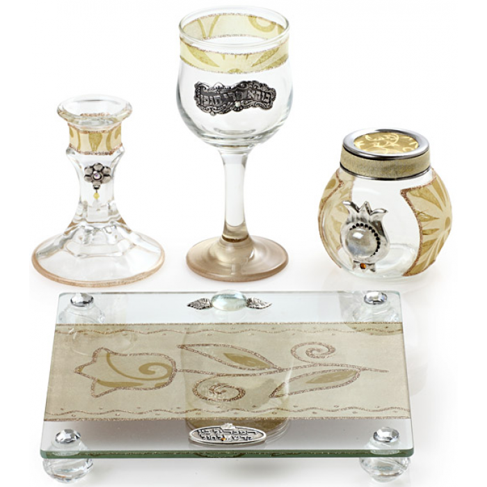 Glass Havdalah Set with Neutral Flower Décor