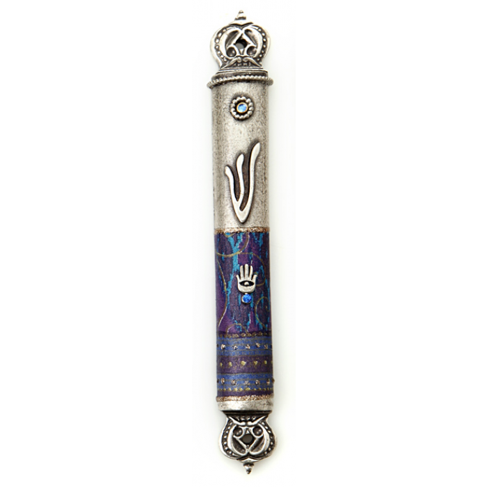 Pewter Mezuzah with Bold Blue Theme