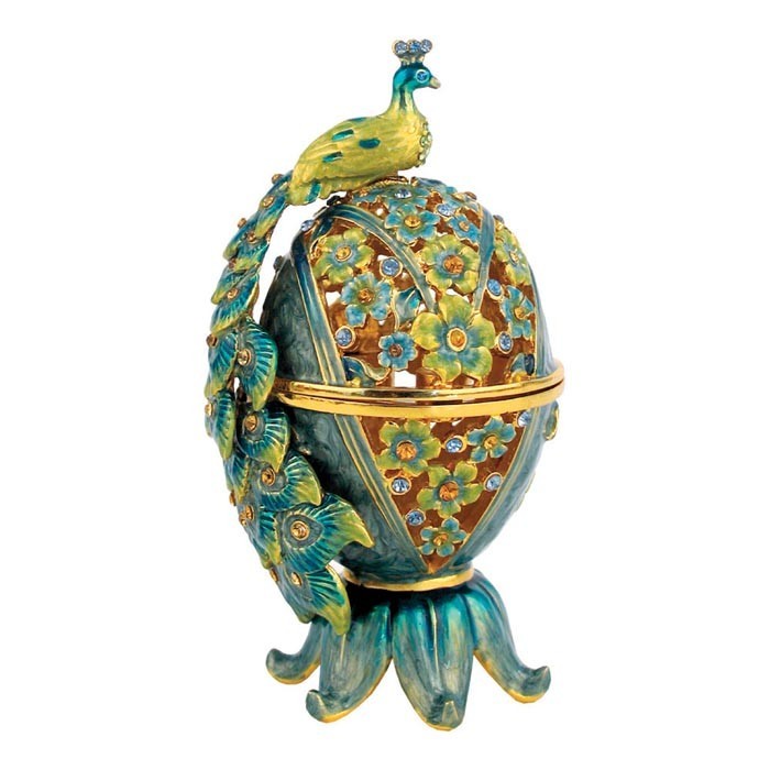 Jeweled Spice Box with Flowers and Peacock in Turquoise, Amber, and Yellow