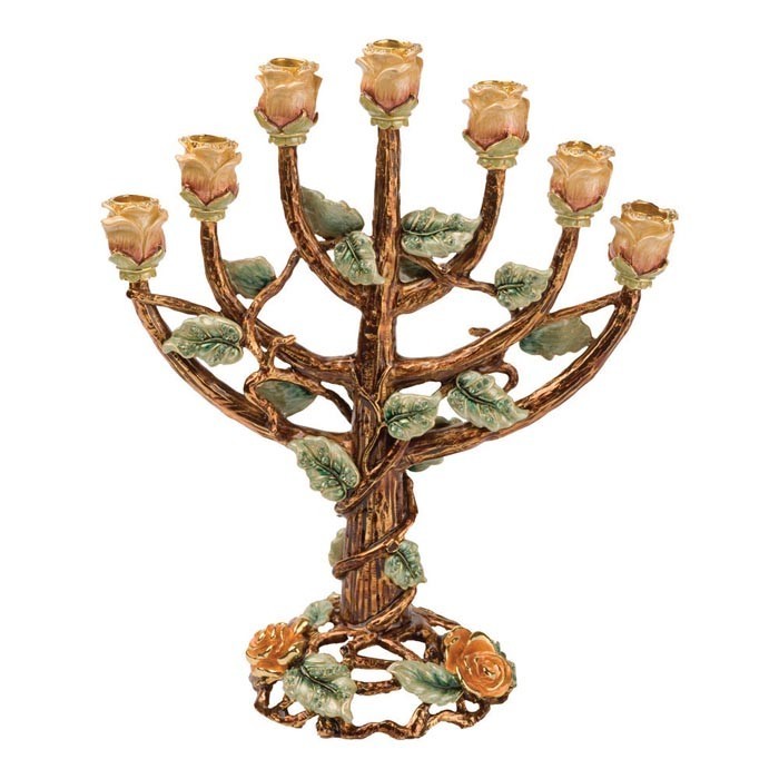 24k Gold Plated 7 Branch Menorah with Brown Flowers and Emerald Crystals