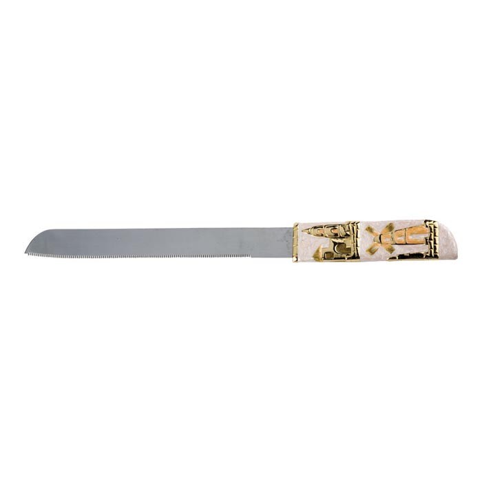 Challah Knife with Jerusalem Images in Ivory and Gold with Crystal Accents