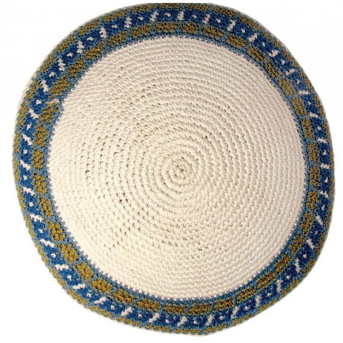 White Knitted Kippah with Yellow Blocks and Blue Stripes