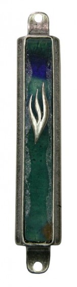 Pewter Mezuzah with Turquoise and Blue Glass Panel and Shin