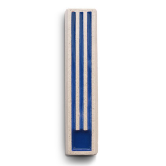White Concrete Mezuzah with Blue Interior and Long Hebrew Shin by ceMMent