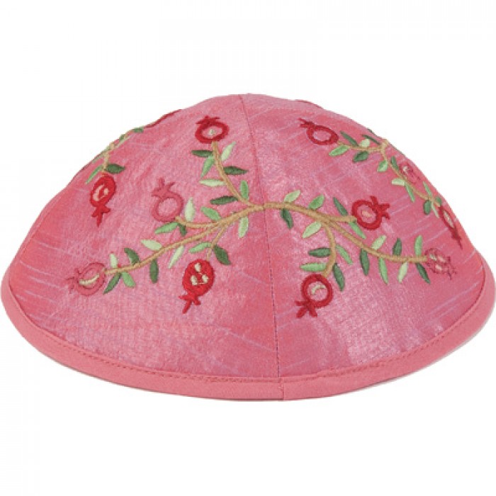Pink Yair Emanuel Kipppah with Pomegranate Branch Embroidery