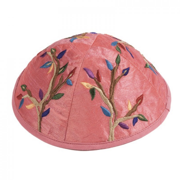 Yair Emanuel Pink Kippah with Colorful Tree Embroidery