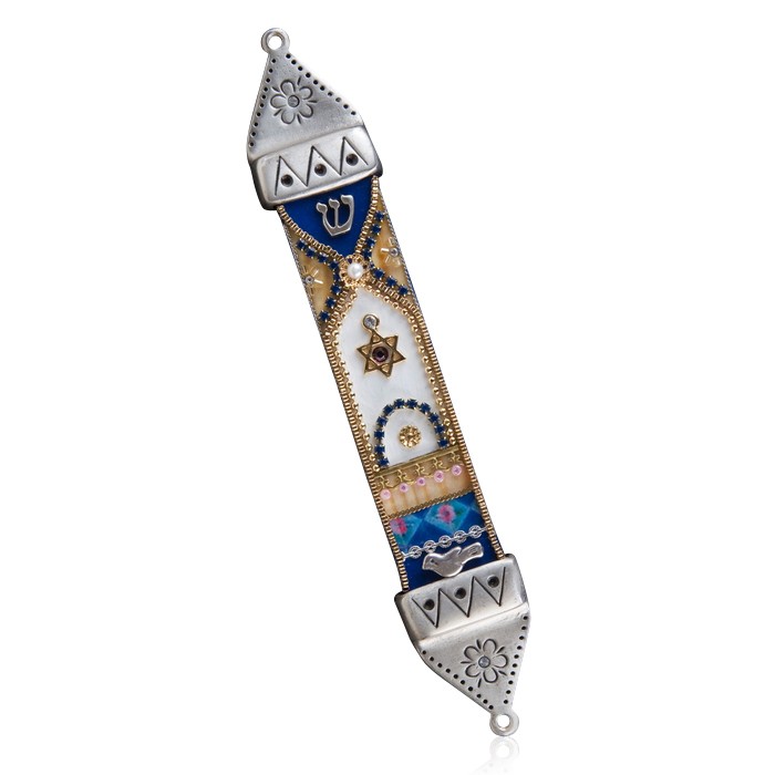 Ester Shahaf Pewter and Wood Mezuzah with Star of David, Shin and Dove