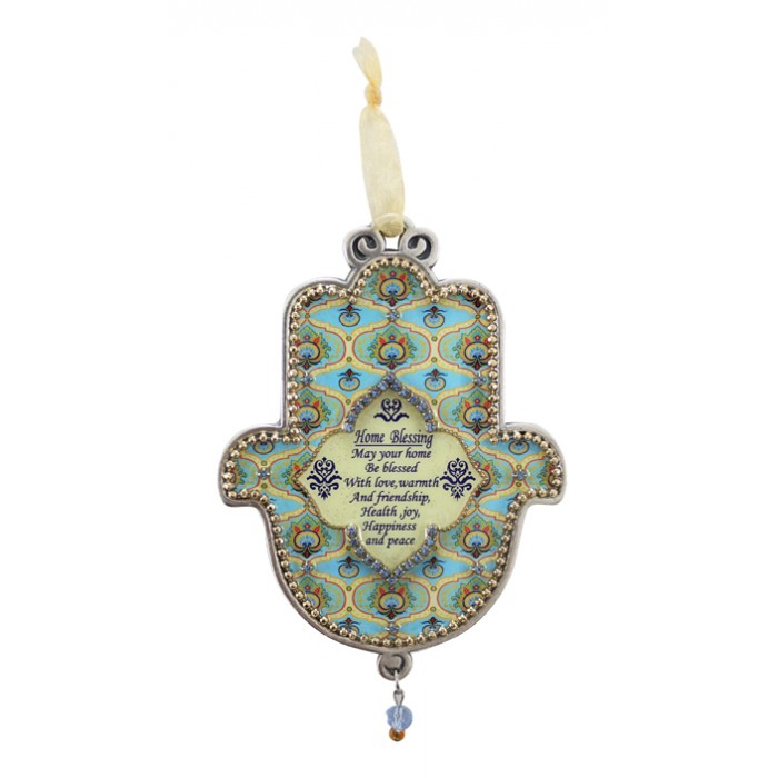 Turquoise Pewter Hamsa with English Text and Floral Pattern