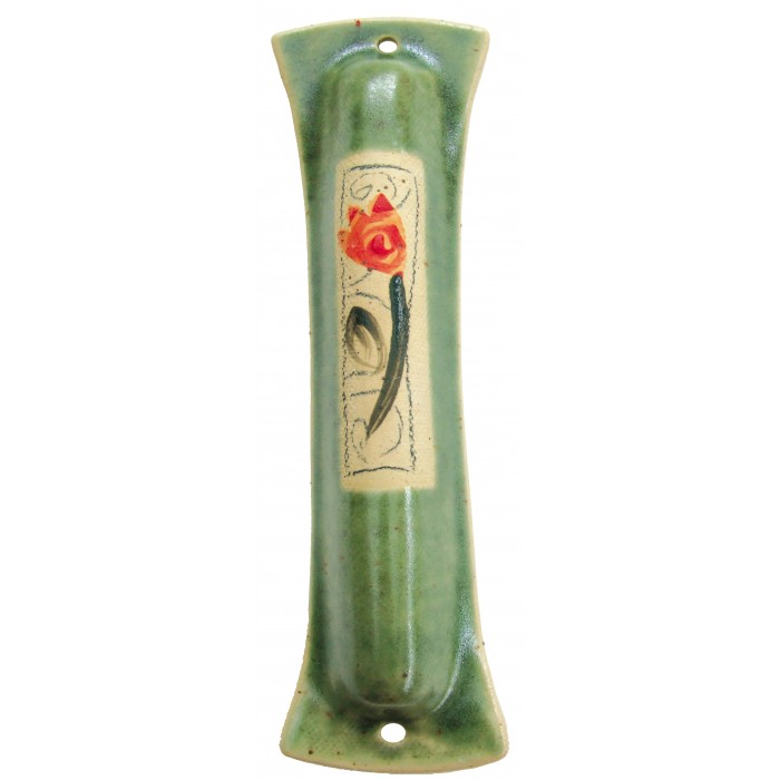 Emerald Green Ceramic Mezuzah with Large Flower and Scrolling Lines