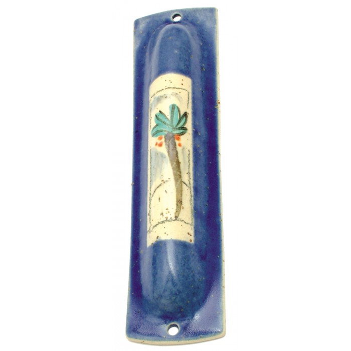 Blue Ceramic Mezuzah with Palm Tree and Hills