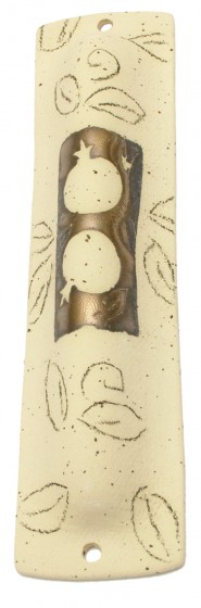White Ceramic Mezuzah with Pomegranates on Brown Rectangle Background