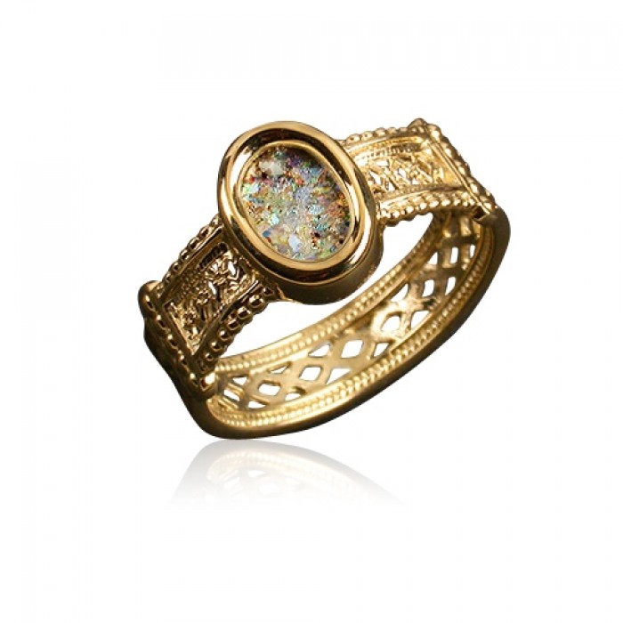 Roman Glass 14K Gold Filigree Ring