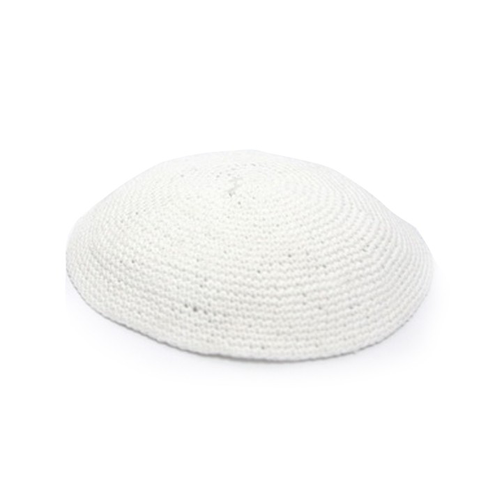 18cm White Knitted Kippah with Tight Weave