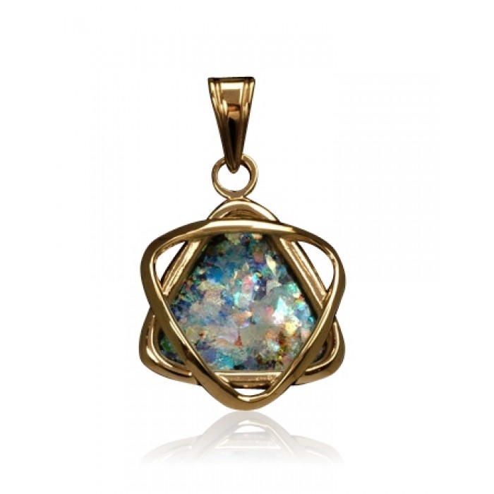 Mellow Star of David Pendant in 14K Yellow Gold and Roman Glass