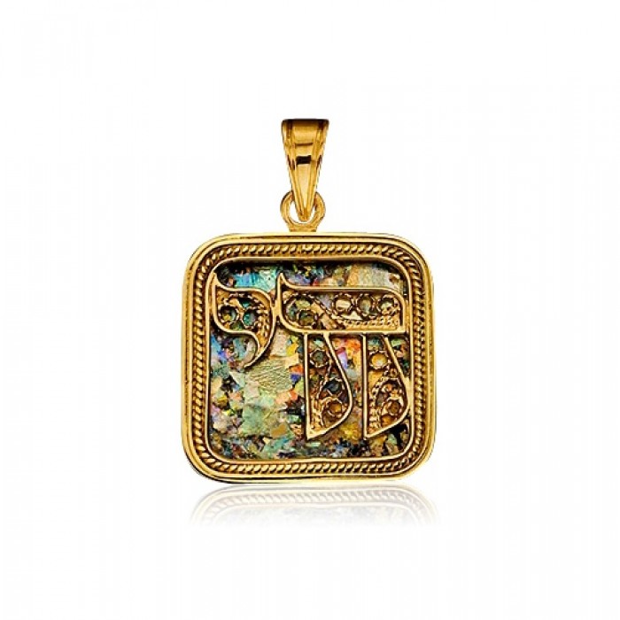 Square Chai Pendant with Filigree Design in 14k Yellow Gold and Roman Glass