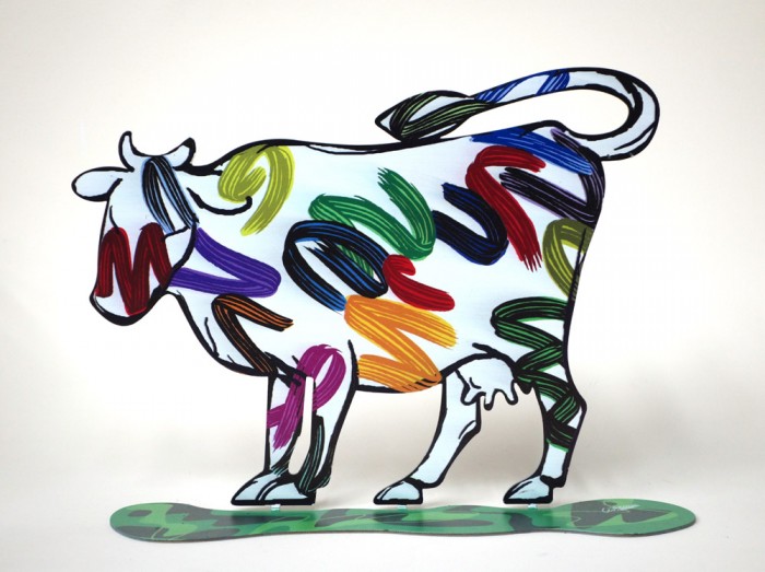 David Gerstein Nava Cow Sculpture with Bright Painted Lines