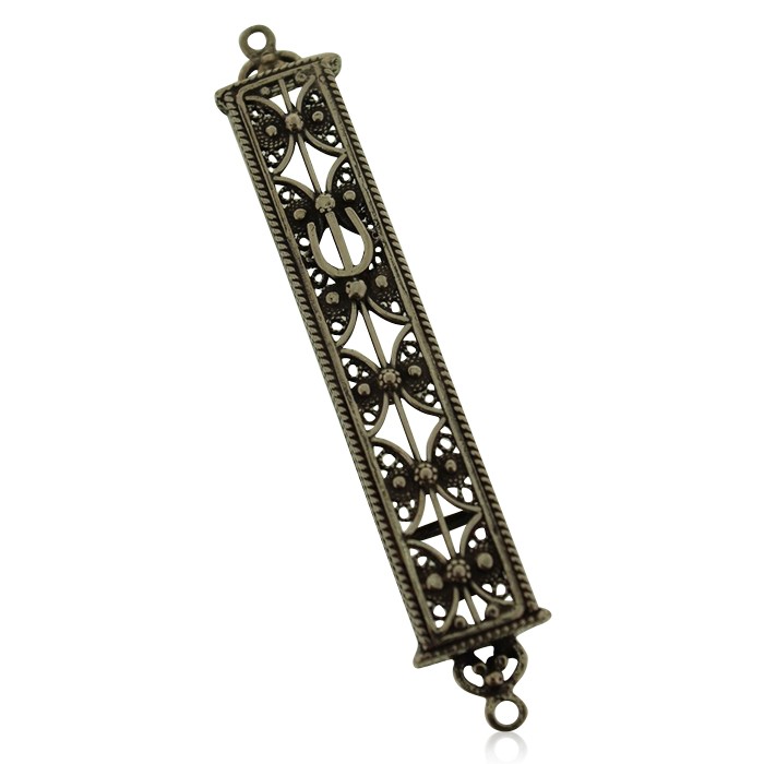 Sterling Silver Mezuzah with Large Hebrew Letter Shin and Diamond Shapes
