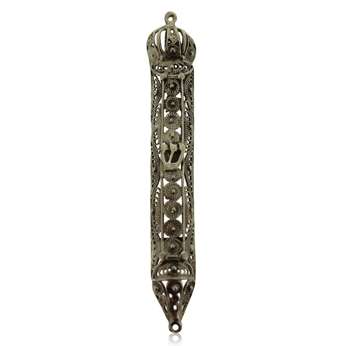 Sterling Silver Mezuzah with Crown Top, Hebrew Letter Shin and Scrolling Lines